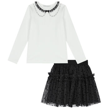 Girls White & Black Tulle Skirt Set