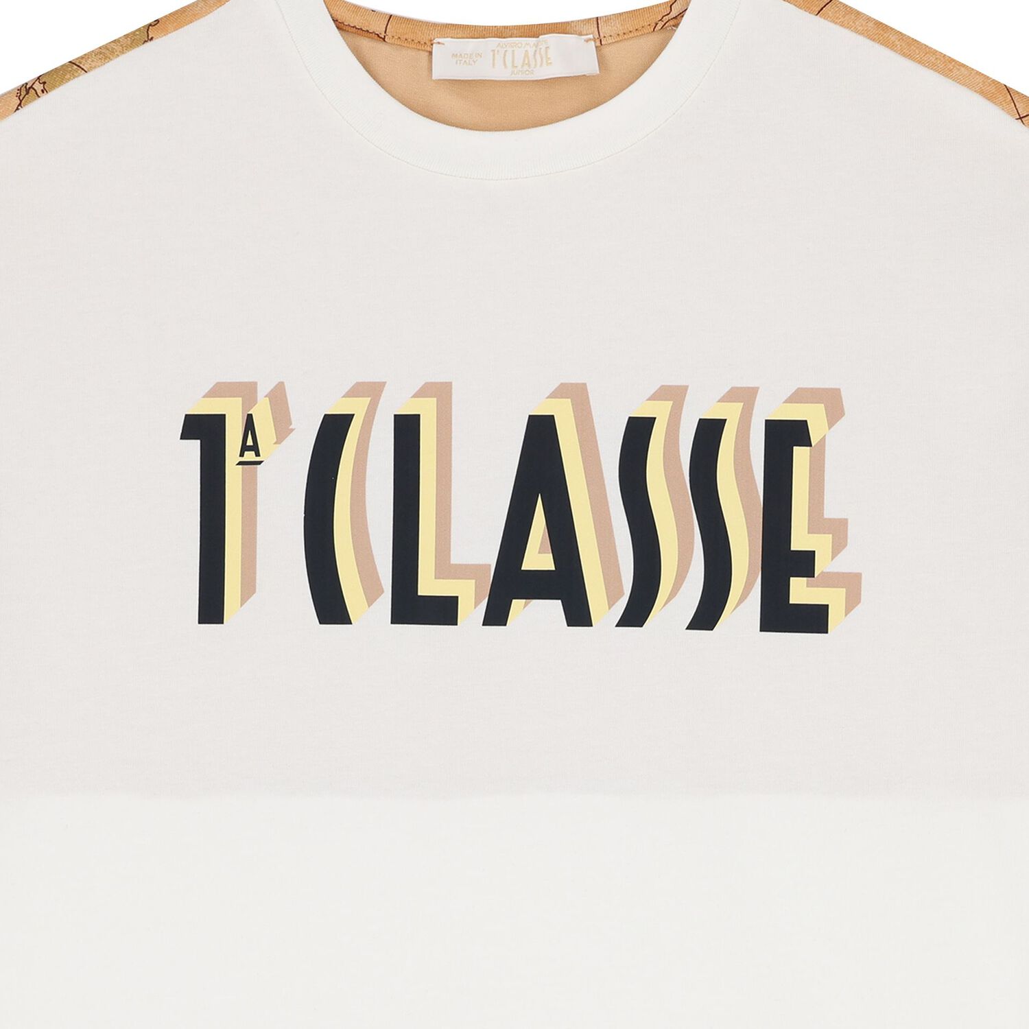 تي شيرت للأولاد باللونين الأبيض والبيج بشعار خريطة جغرافية, 1, hi-res