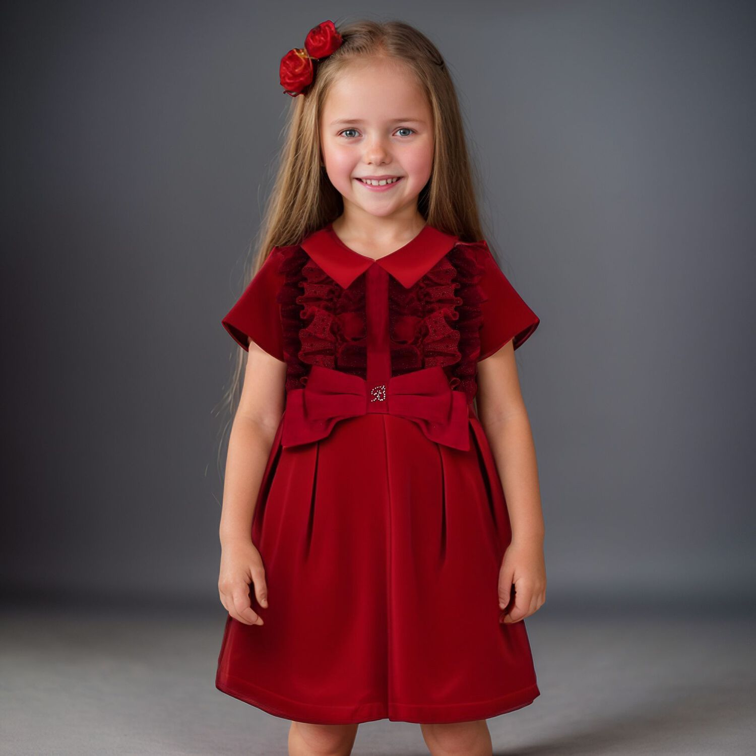 Girls Red Bow Ruffled Tulle Dress, 1, hi-res