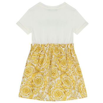 Girls Ivory & Gold Barocco Logo Dress