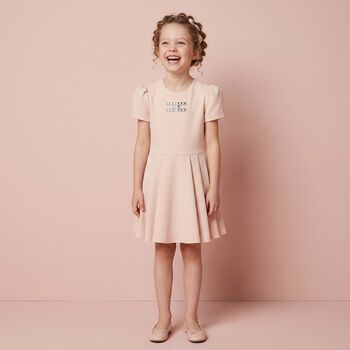 Girls Pink Diamante Logo Pleated Dress