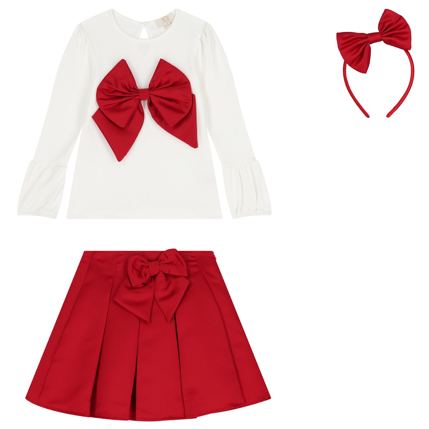 Girls Red & White Bow Pleated Skirt, 1, hi-res
