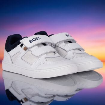 Boys White & Navy Blue Logo Trainers