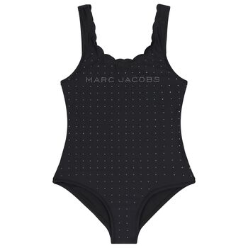 Girls Black Rhinestones Logo Swimsuit