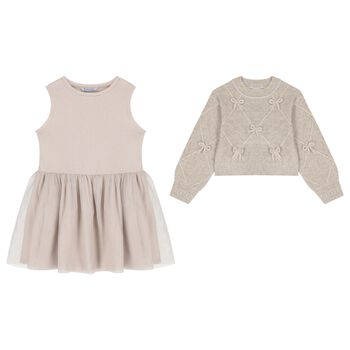 Girls Beige Tulle Dress Set