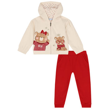 Younger Girls Beige & Red Teddy Bear Tracksuit