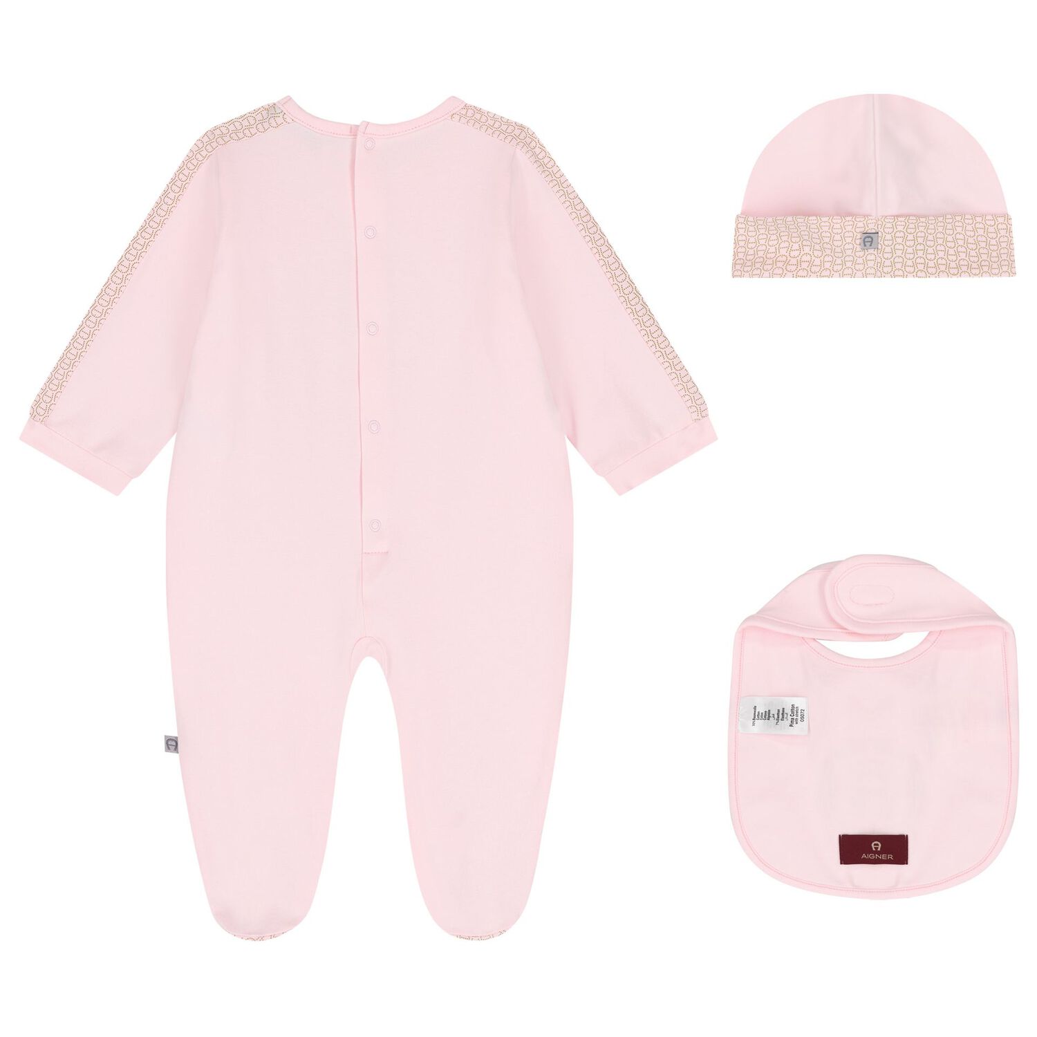 Baby Girls Pink & Gold Logo Babygrow Hat & Bib Gift Set, 1, hi-res image number null