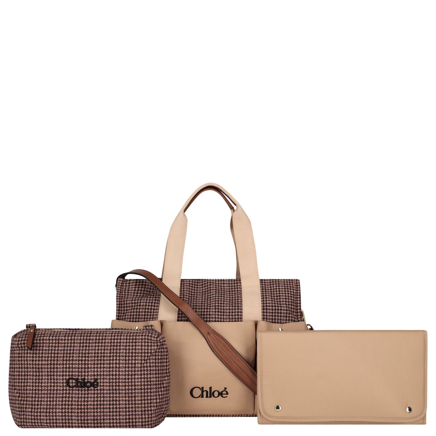 Beige Houndstooth Check Baby Changing Bag ( 41cm ), 1, hi-res