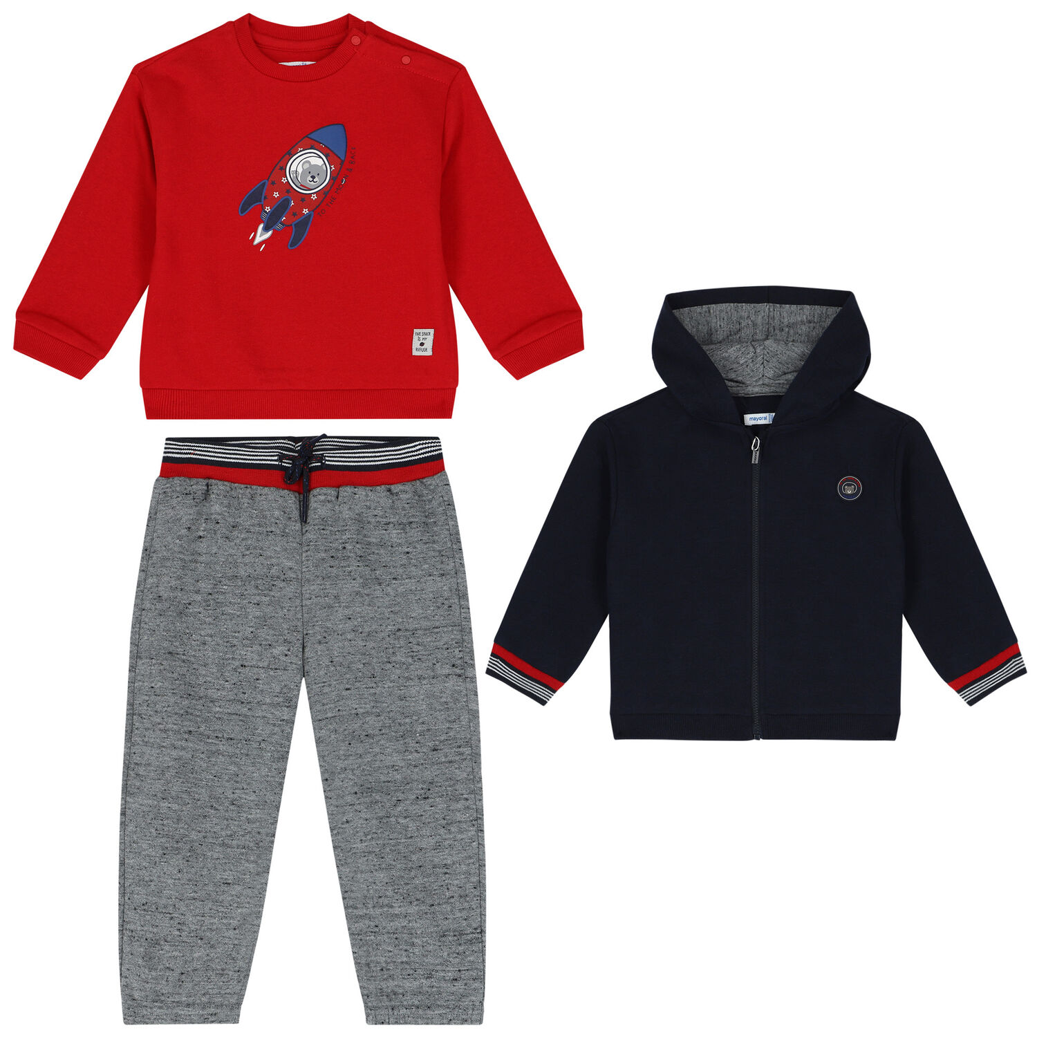Younger Boys Red, Navy Blue & Grey 3 Piece Tracksuit, 1, hi-res image number null