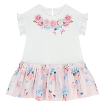 Younger Girls White & Pink Floral Dress 