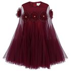Girls Maroon Flower Cape Tulle Dress, 1, hi-res