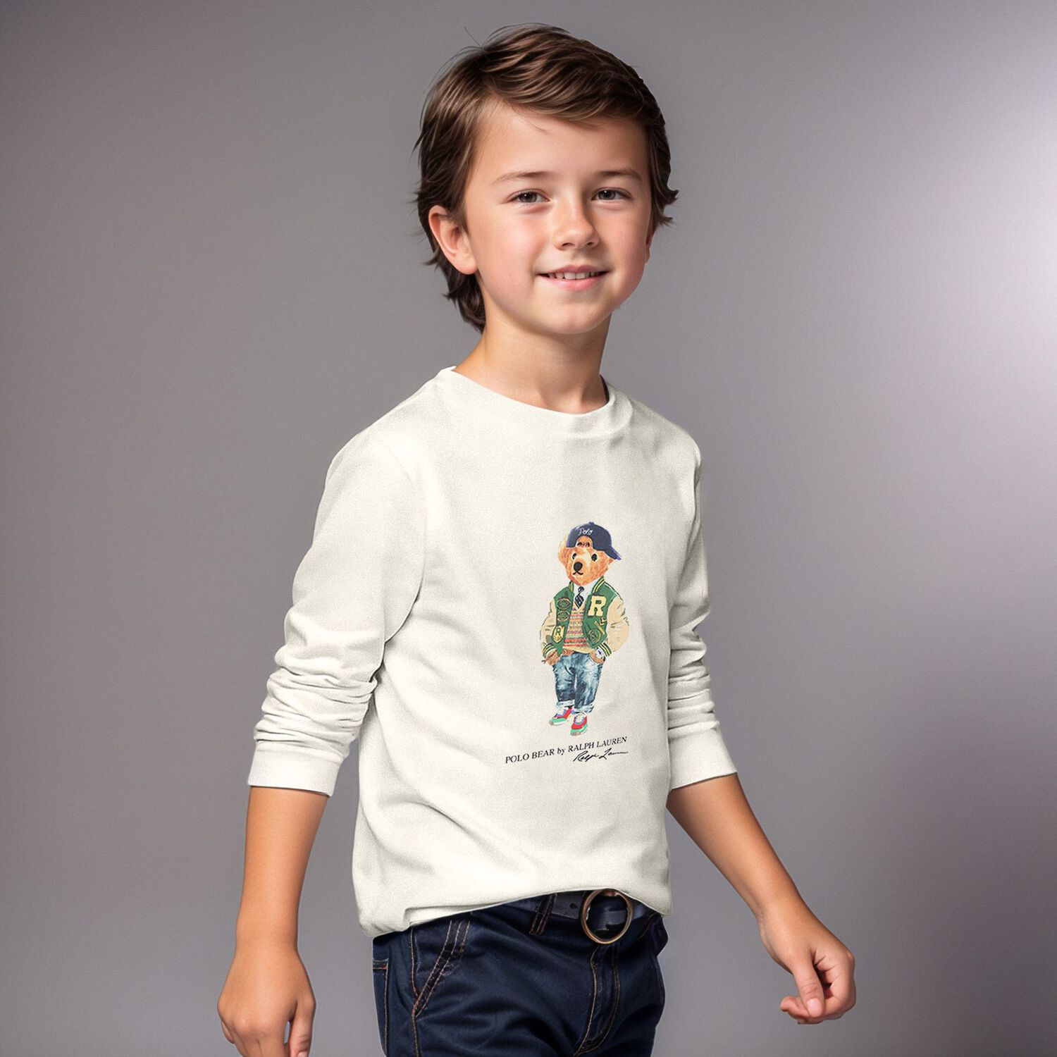 Boys Ivory Polo Bear Long Sleeve Top, 1, hi-res image number null