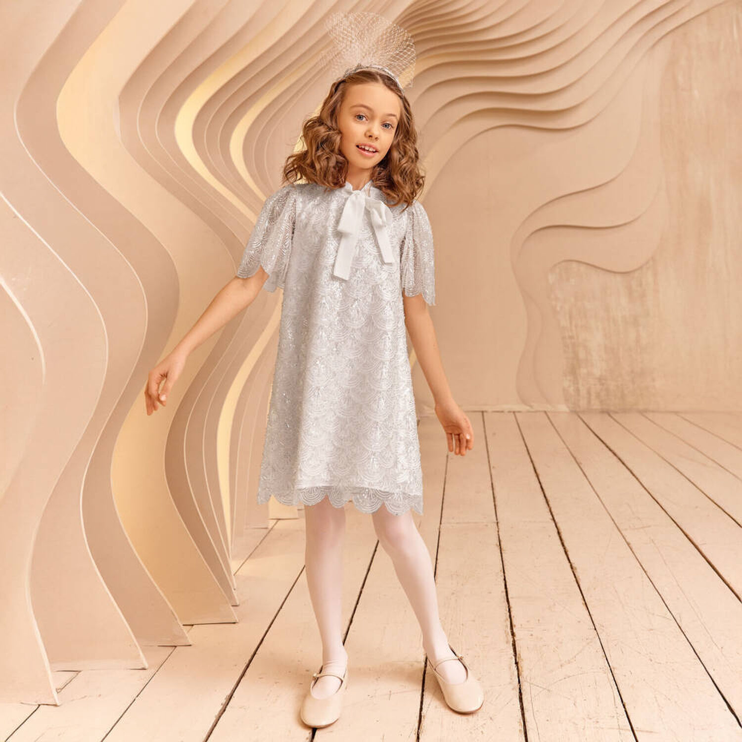 Girls White Embellished Sequin Dress, 1, hi-res