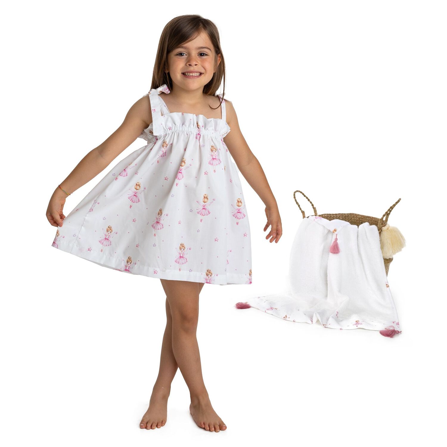 Girls White & Pink Ballerinas Beach Dress, 1, hi-res