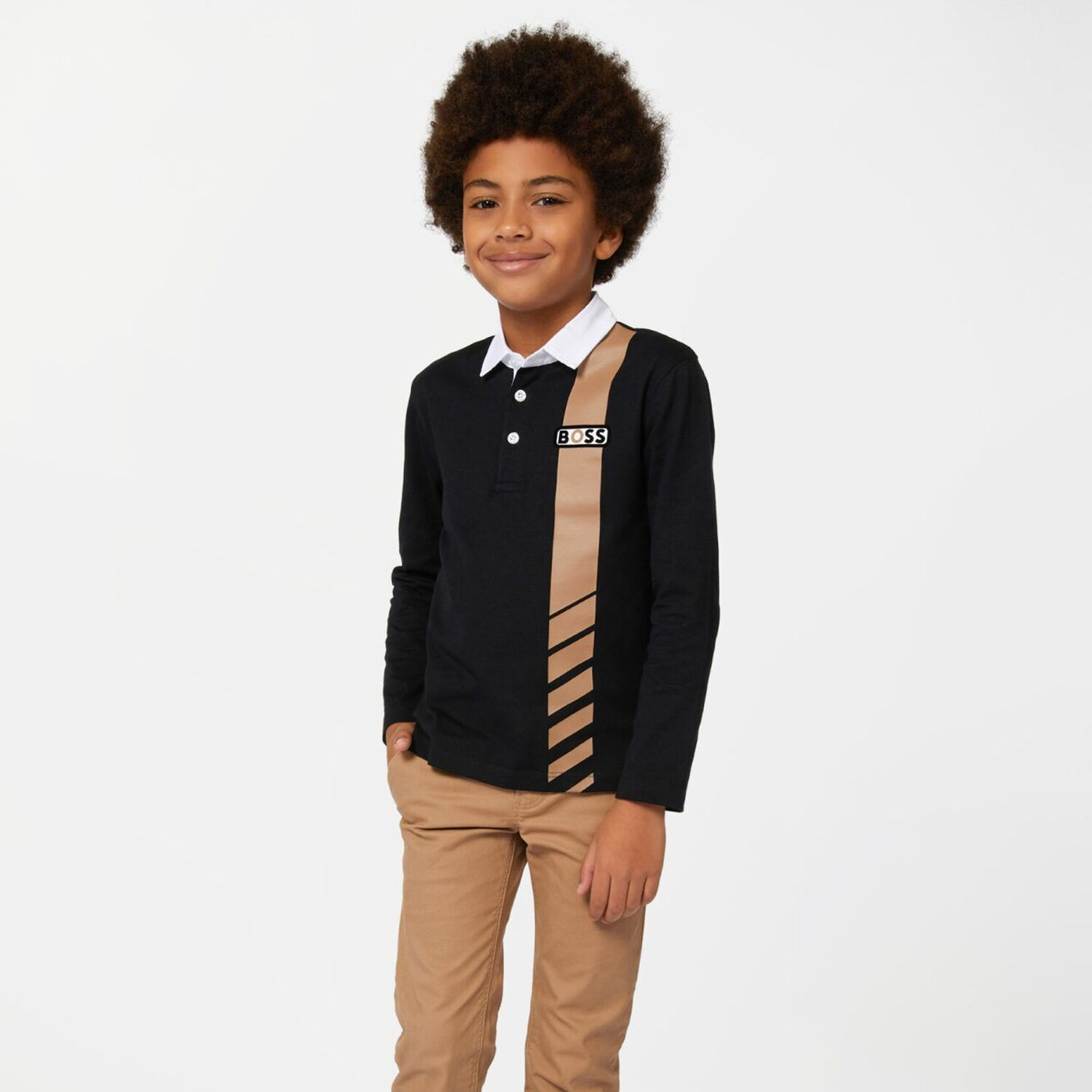 Boys Black Logo Long Sleeve Polo Shirt, 1, hi-res image number null