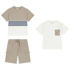 Boys White & Beige Shorts Set, 1, hi-res