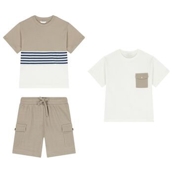 Boys White & Beige Shorts Set