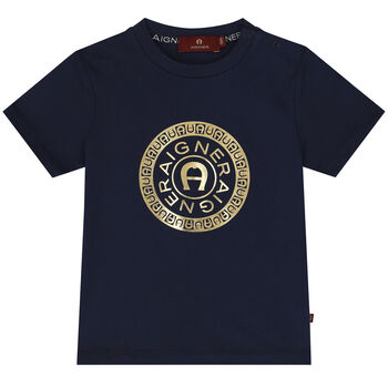 Younger Boys Navy Blue & Gold Logo T-Shirt
