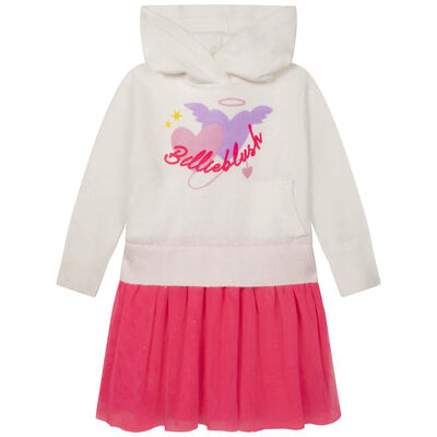 Girls Ivory & Pink Logo Hooded Dress
