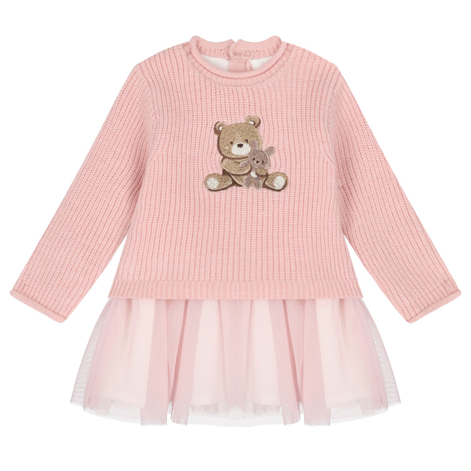 Baby Girls Pink Knit & Tulle Bear Dress, 2, hi-res image number null