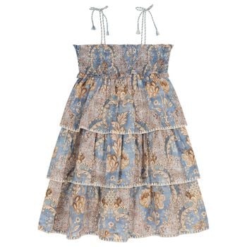 Girls Blue & Beige Floral Tiered Dress