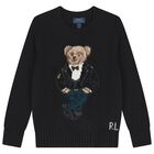 Boys Black Polo Bear Knitted Jumper, 1, hi-res