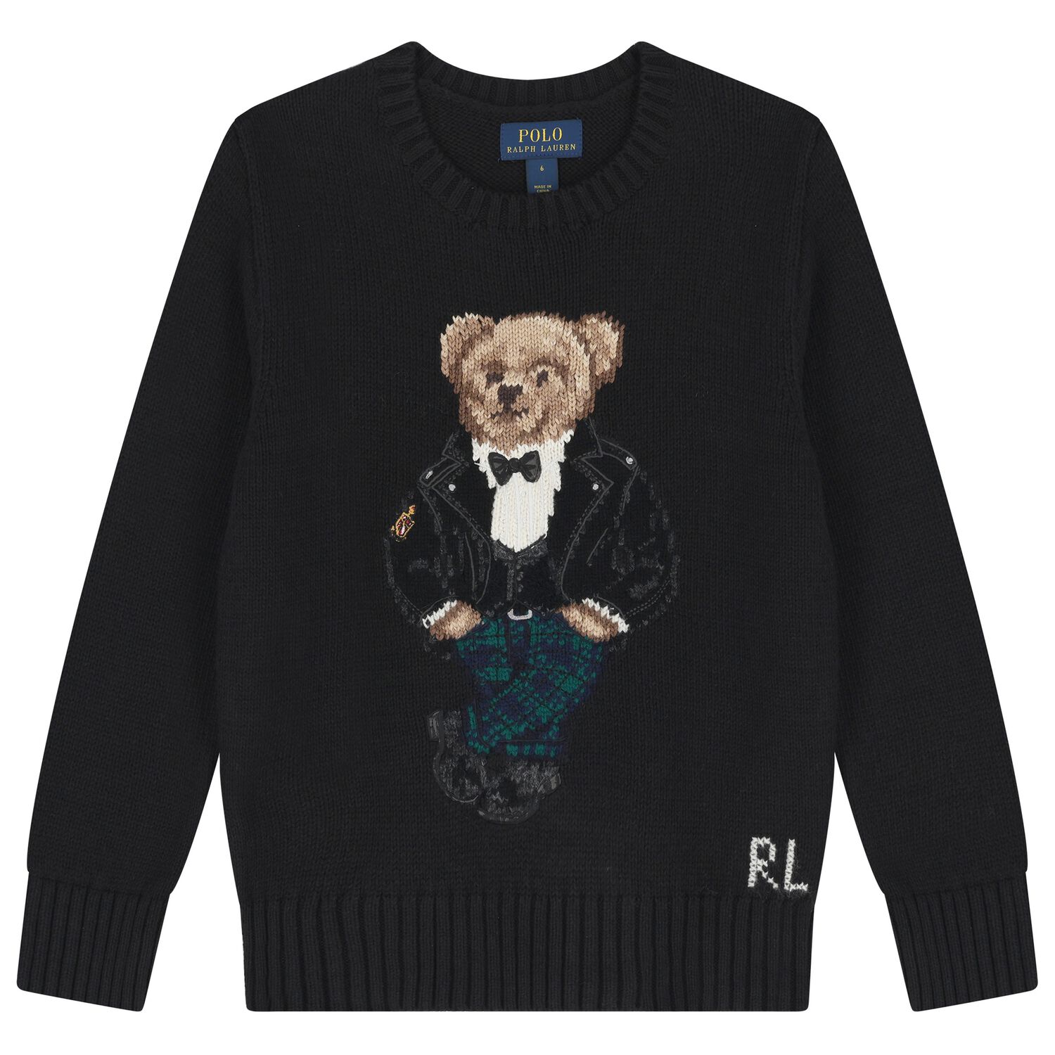 Boys Black Polo Bear Knitted Jumper, 1, hi-res