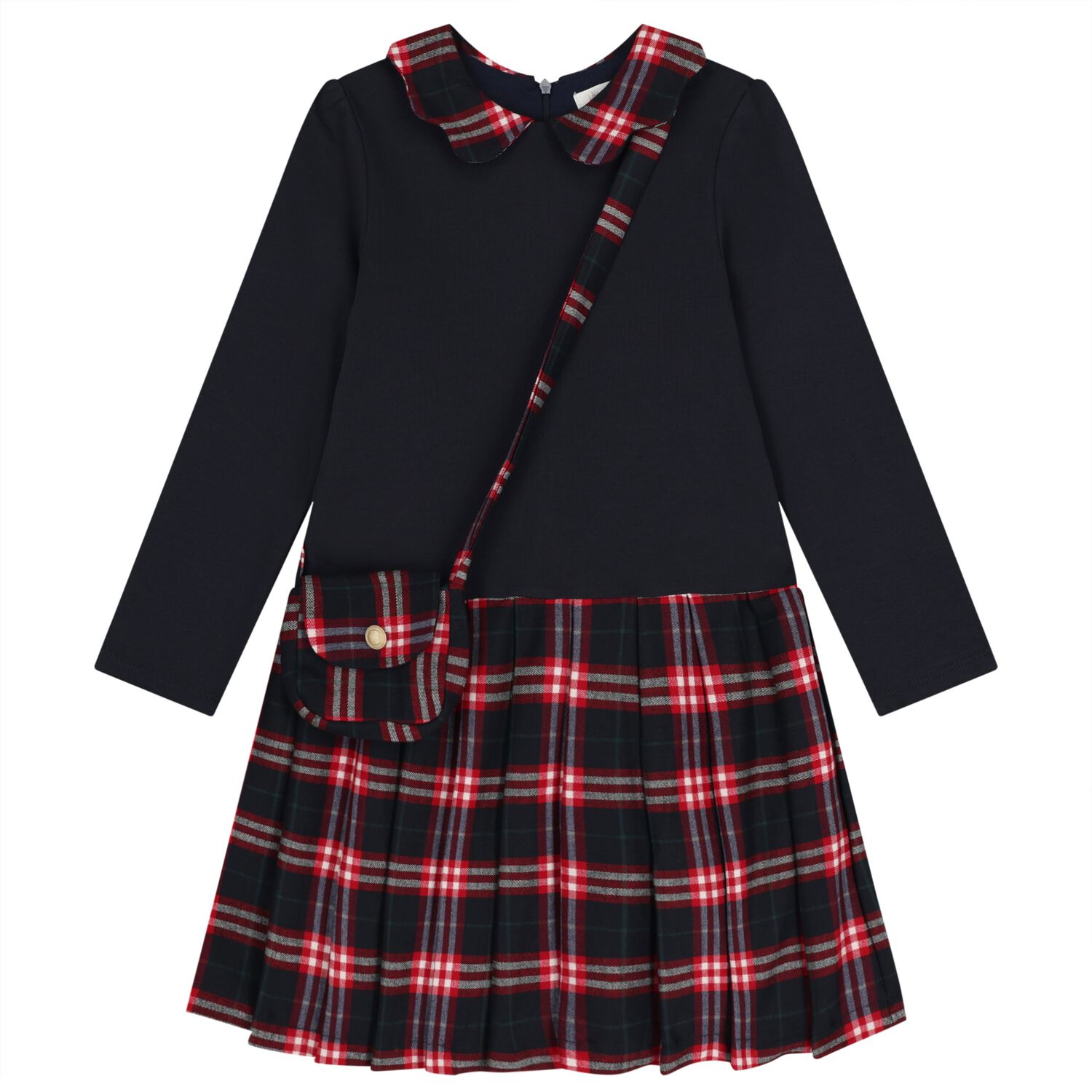 Girls Navy Blue Tartan Dress Set, 1, hi-res