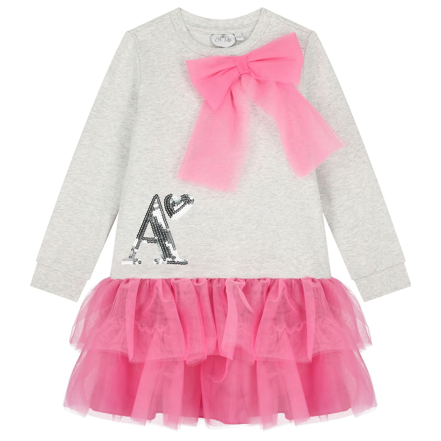 Girls Grey & Pink Logo Tulle Dress, 1, hi-res image number null
