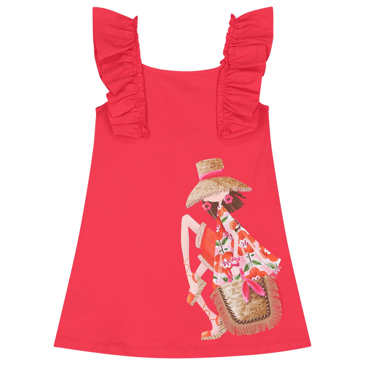Girls Red Ruffled Dress, 3, hi-res
