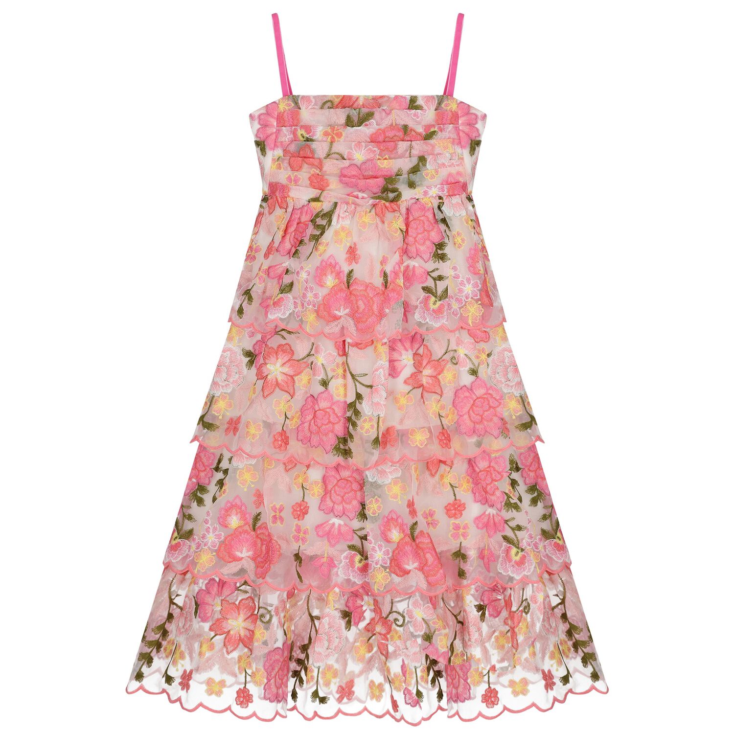 Girls Pink Floral Embroidered Tiered Dress, 1, hi-res
