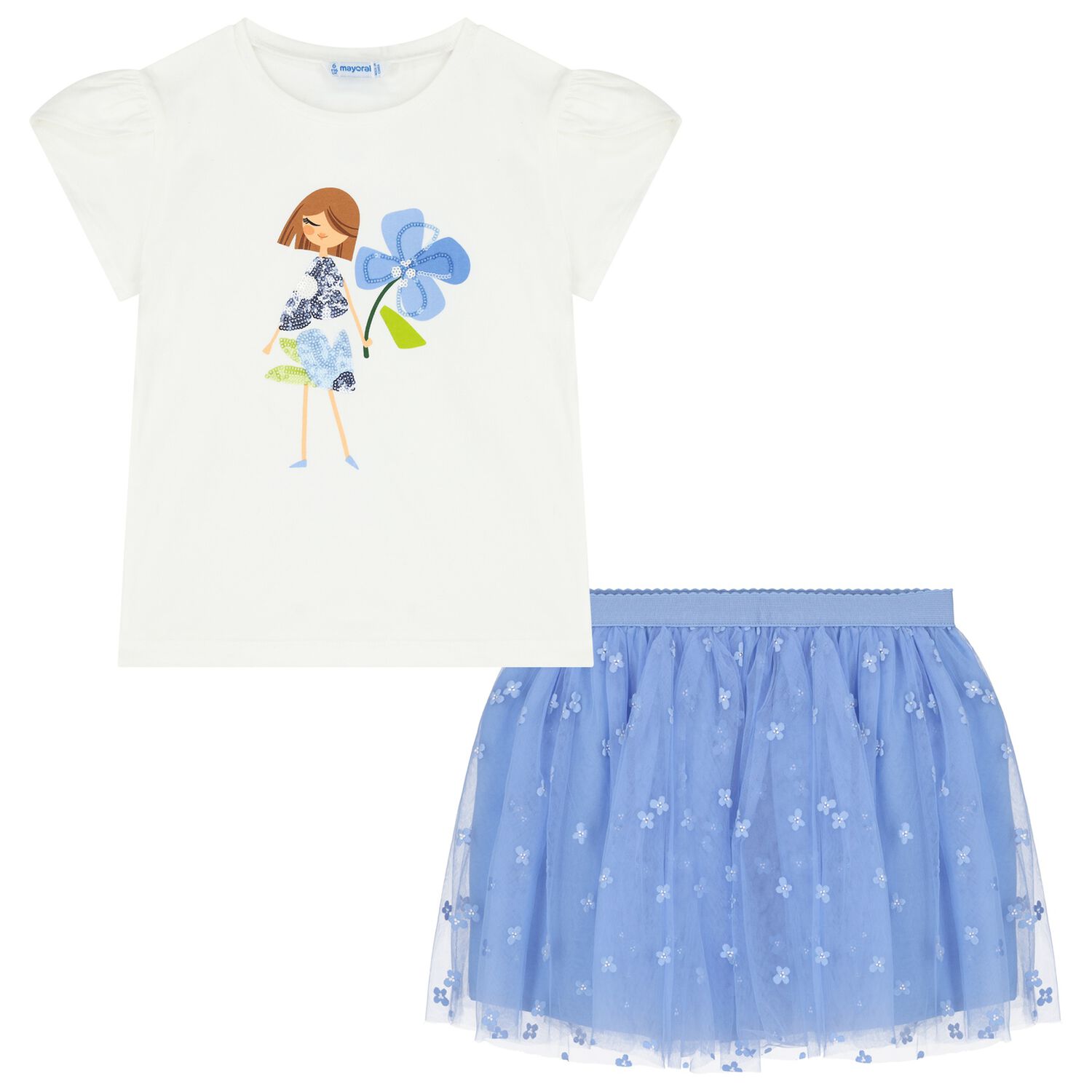 Girls Ivory & Blue Tulle Skirt Set, 1, hi-res