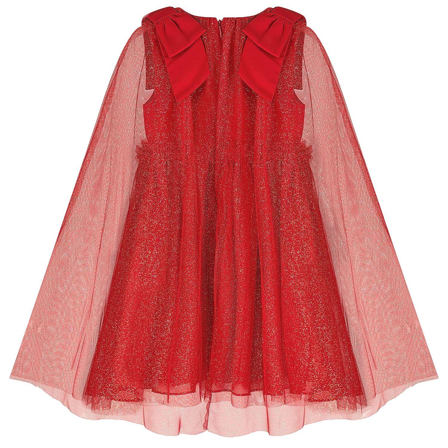 Girls Red Tulle & Chiffon Cape Dress, 3, hi-res