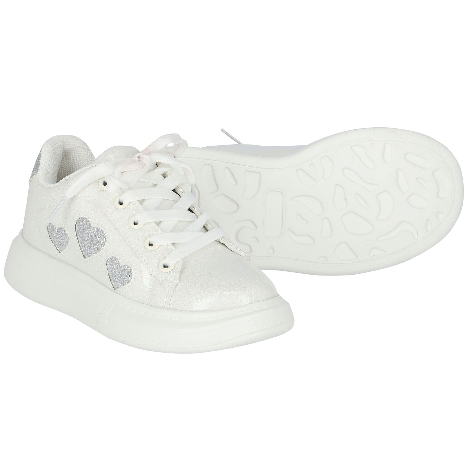 Girls White Hearts Trainers, 1, hi-res