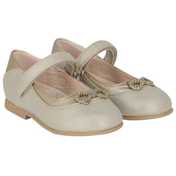 Younger Girls Gold Diamante Bow Shoes