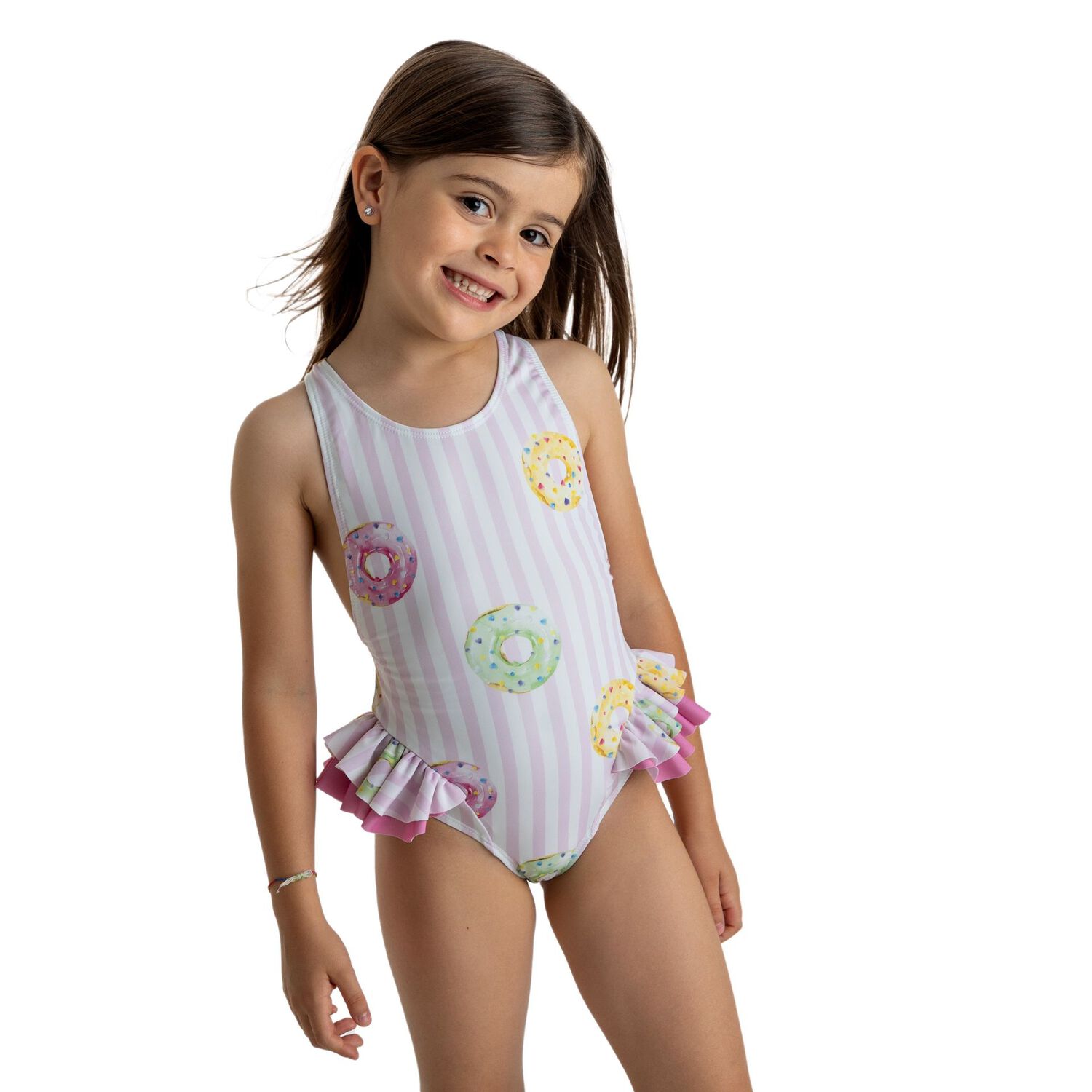 Girls White & Pink Striped Donuts Swimsuit, 1, hi-res image number null