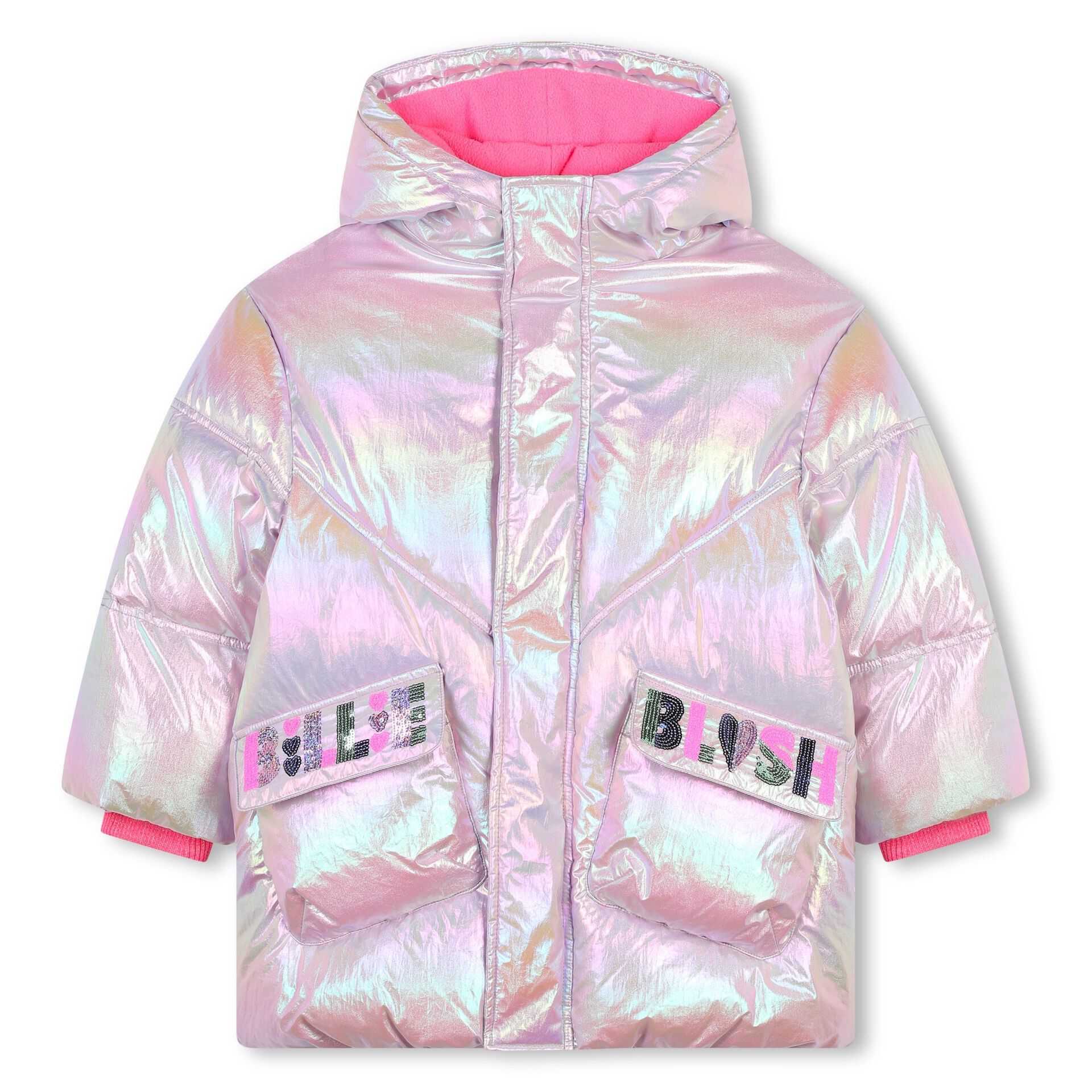 Pink metallic puffer coat hot sale