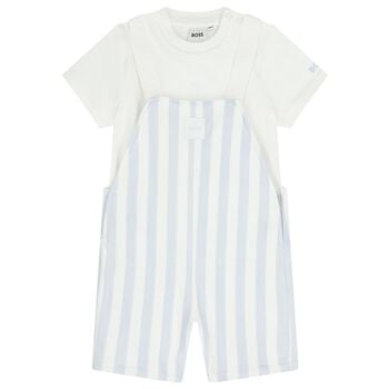 Baby Boys White & Blue Striped Logo Dungaree Set