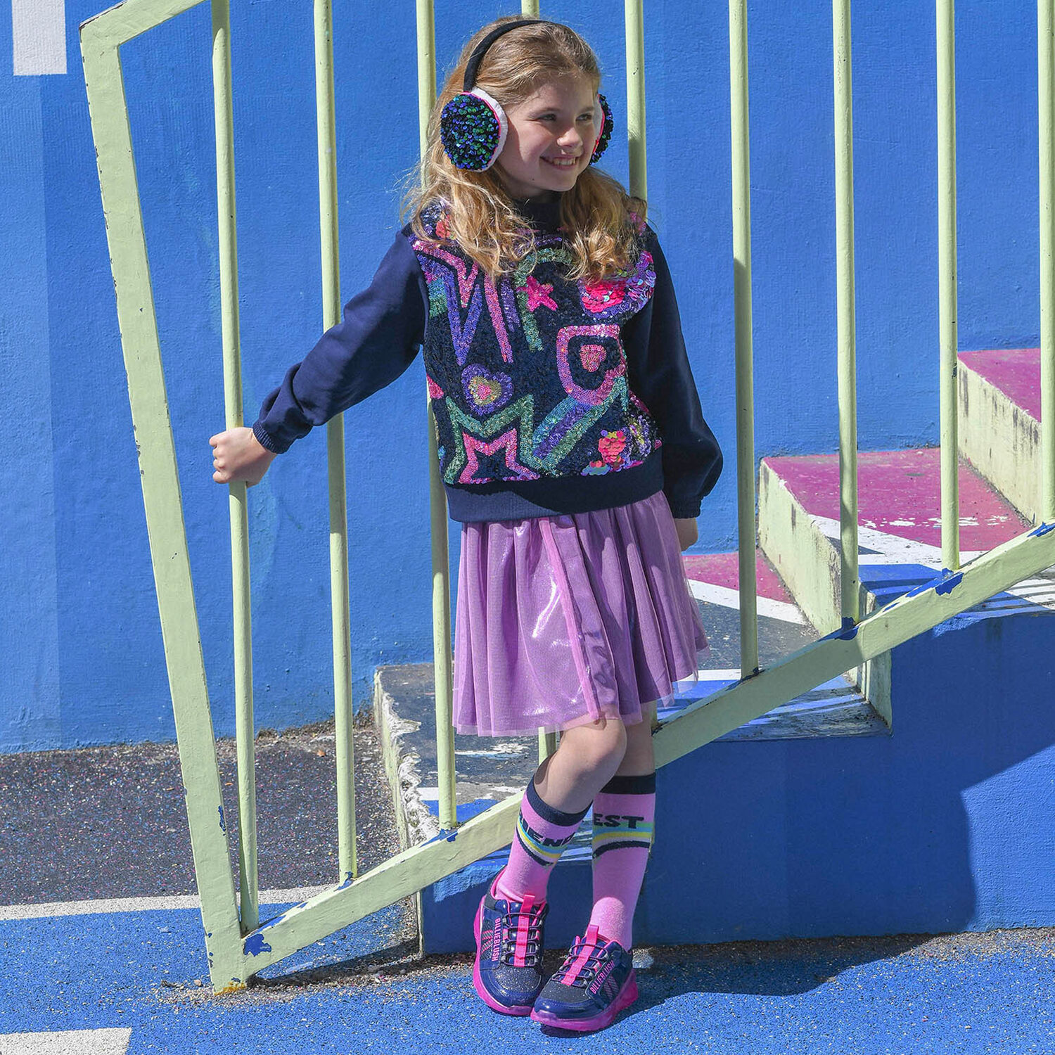 Girls Navy Blue & Pink Logo TrainersÂ , 1, hi-res