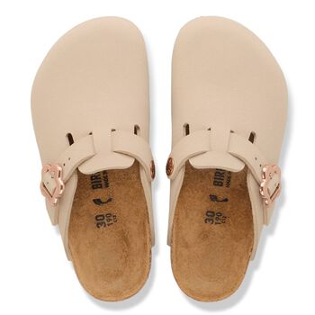 Girls Beige Flower Buckle Leather Clog
