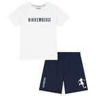 Boys White & Navy Blue Logo Shorts Set, 1, hi-res
