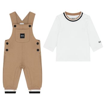 Baby Boys Beige & White Logo Dungaree Gift Set
