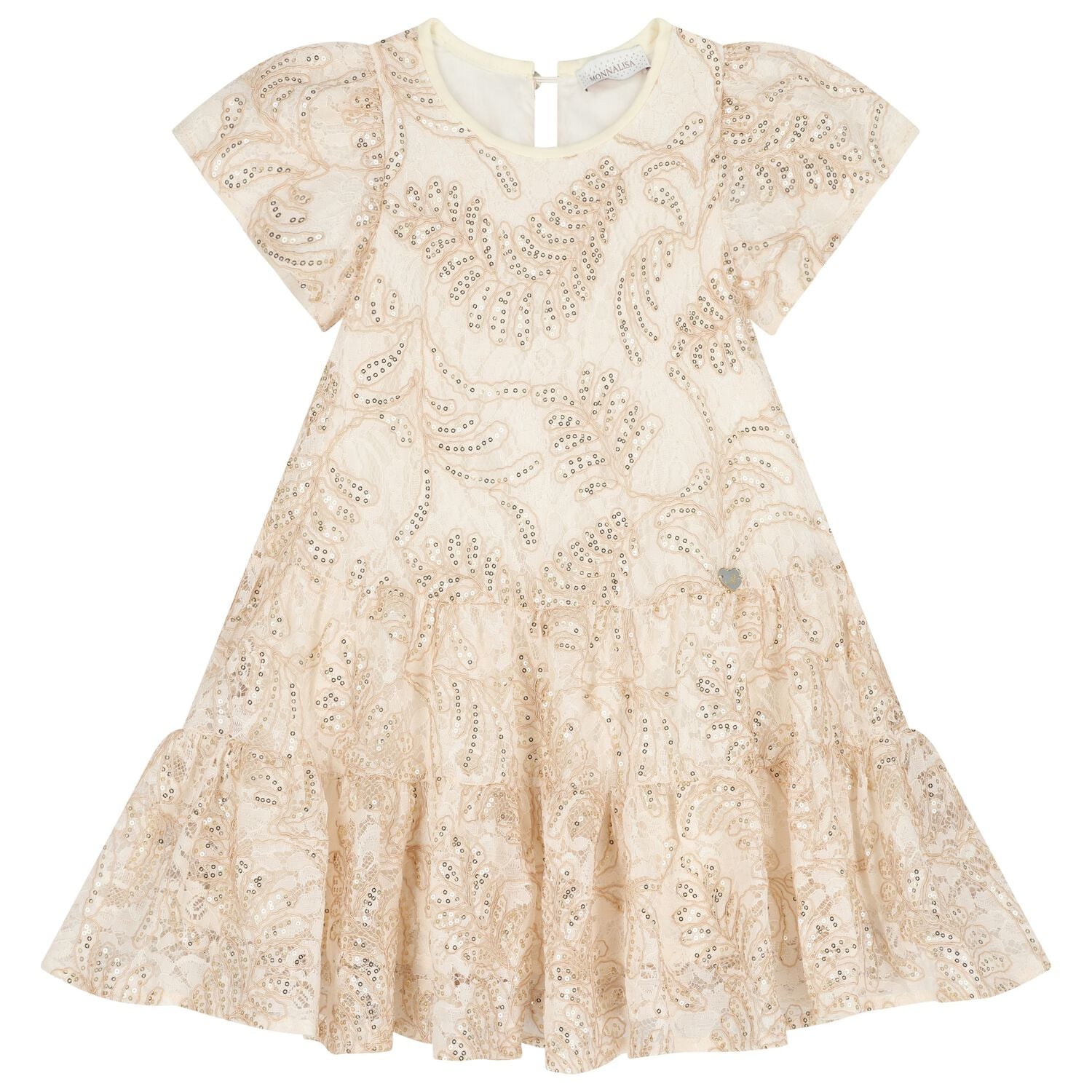 Girls Beige & Gold Lace Dress, 1, hi-res