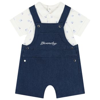 Baby Boys White & Navy Blue Dungaree Set
