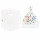 Baby Girls White Floral Hat & Bib Set, 1, hi-res