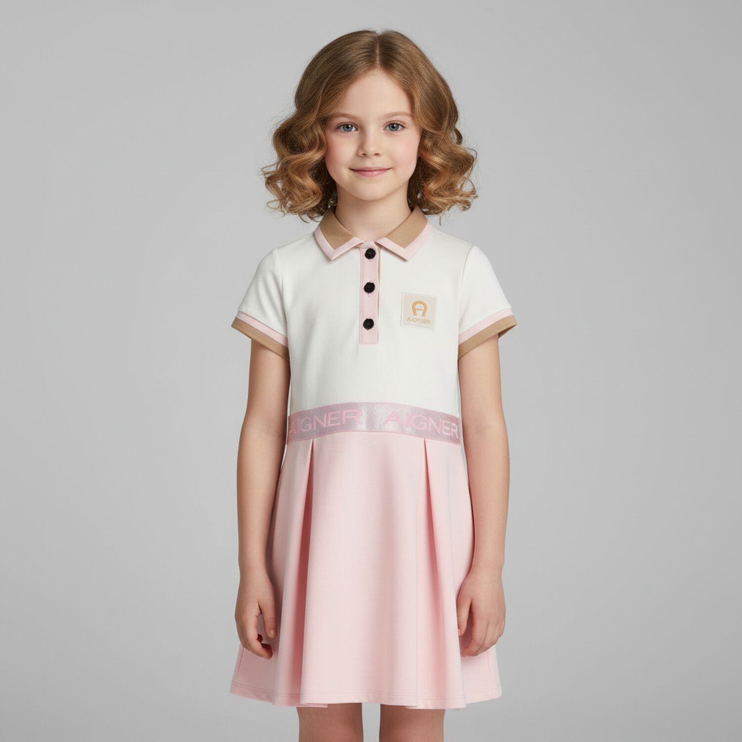 Girls Ivory & Pink Logo Polo Dress, 2, hi-res