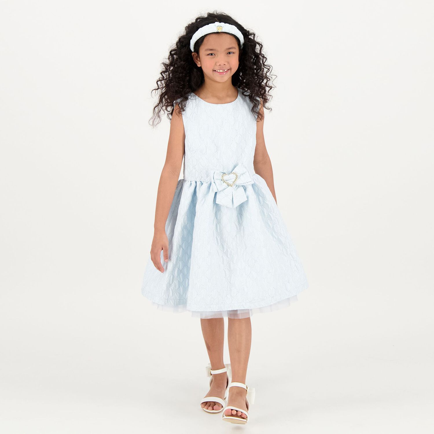 Girls Blue Jacquard Flower Dress, 3, hi-res