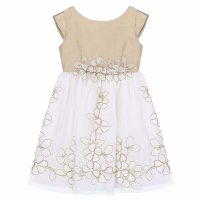 Girls Gold Floral Embroidered Dress