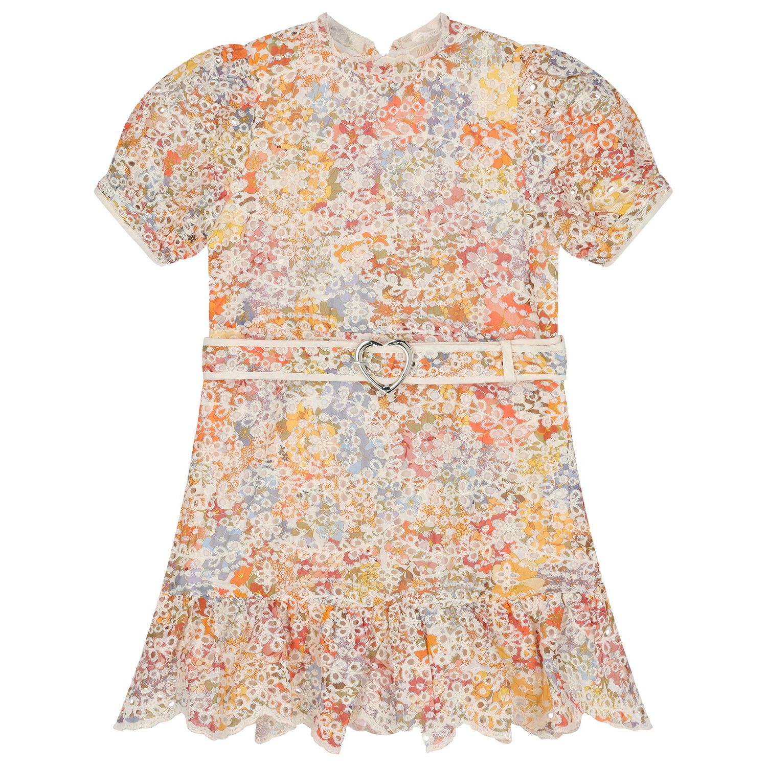 Girls Orange Floral Belted Dress, 1, hi-res