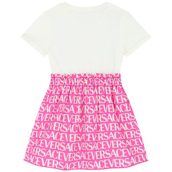 Girls Ivory & Pink Embellished Logo Dress